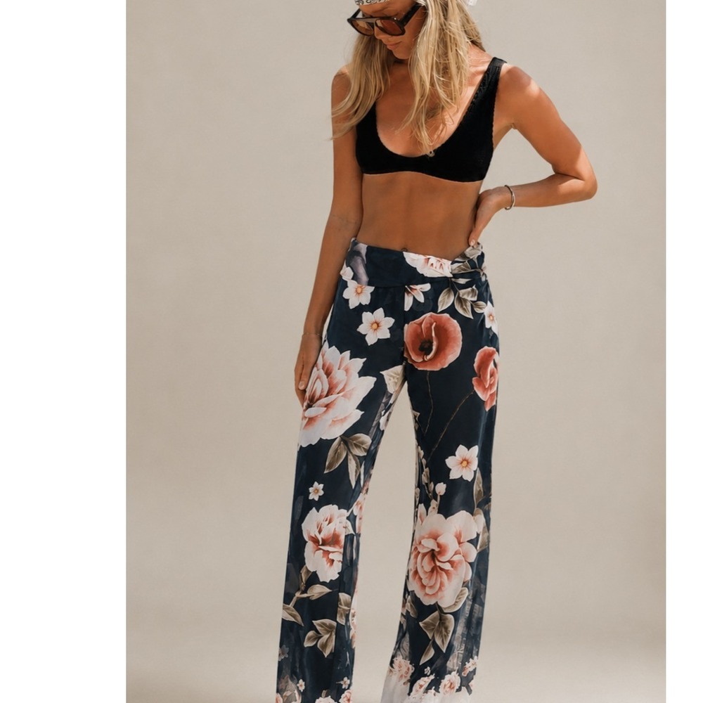 Agua Bendita Wide Leg Pants NWT Sz M Navy Floral 100% Cotton Boho Swim Coverup